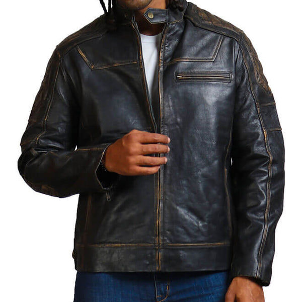 Distressed Black Diamond Quilted Biker Jacket