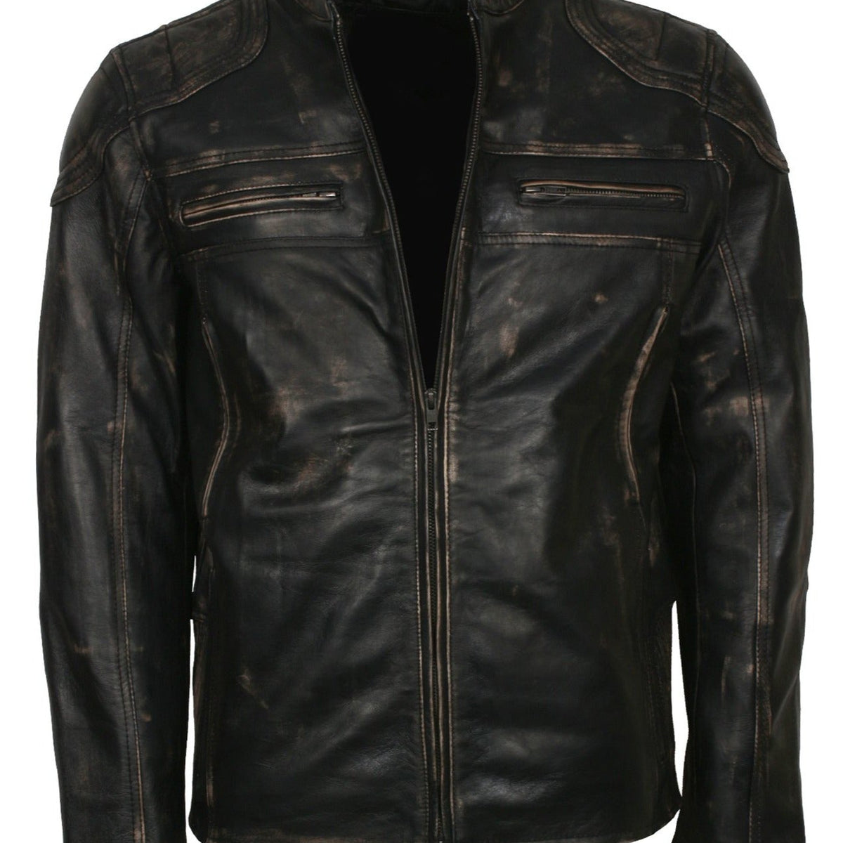 Men's Biker Distressed Leather Jacket With Zipper
