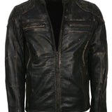 Men's Biker Distressed Leather Jacket With Zipper