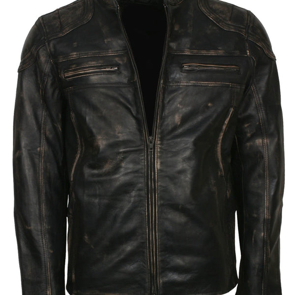 Men's Biker Distressed Leather Jacket With Zipper