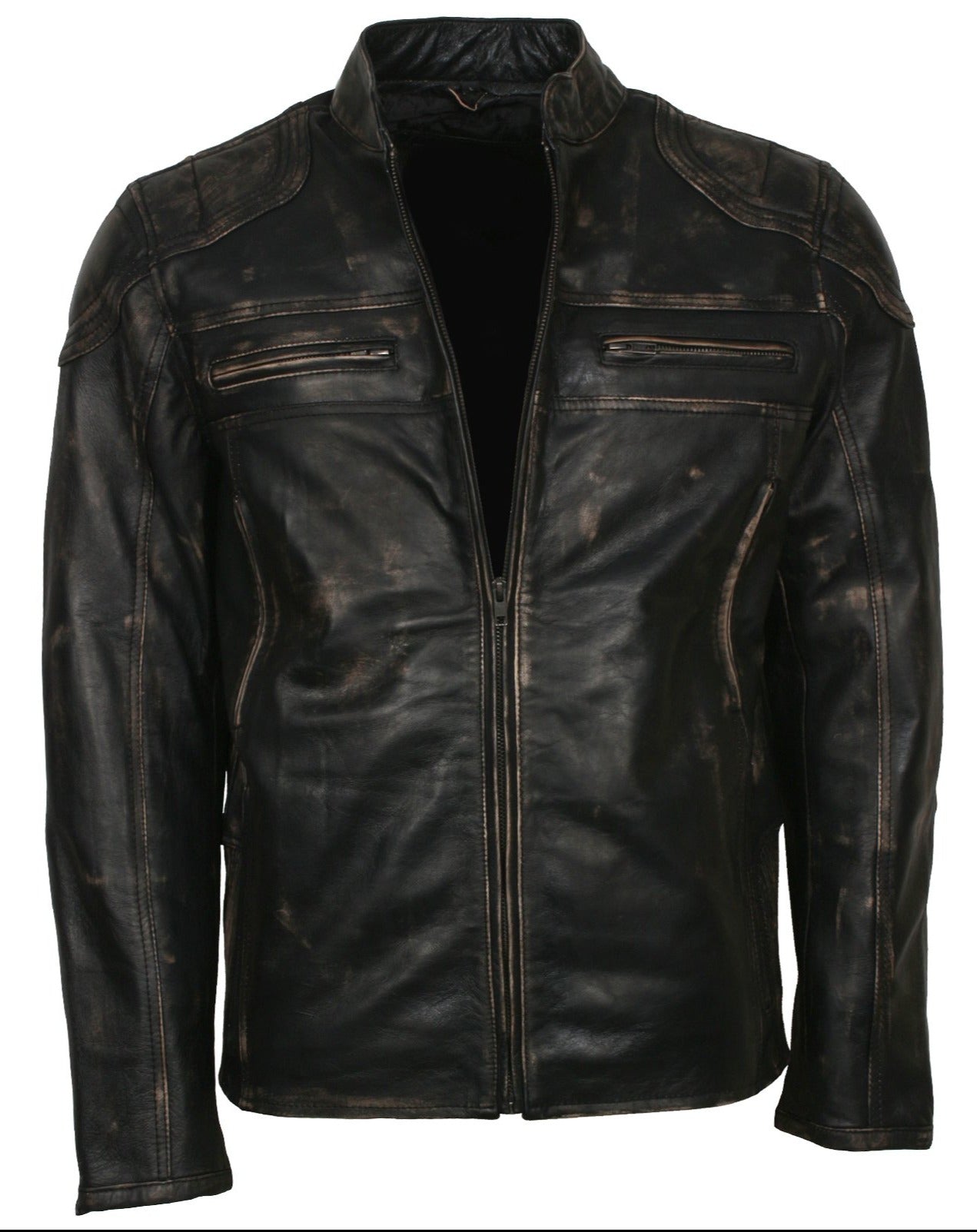 Men's Biker Distressed Leather Jacket With Zipper