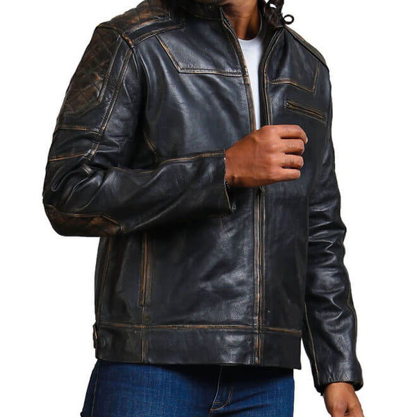Distressed Black Diamond Quilted Biker Jacket