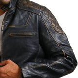 Distressed Black Diamond Quilted Biker Jacket