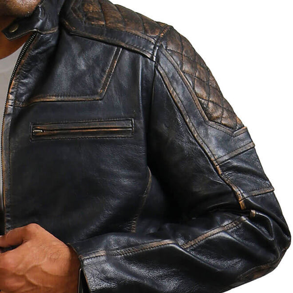 Distressed Black Diamond Quilted Biker Jacket