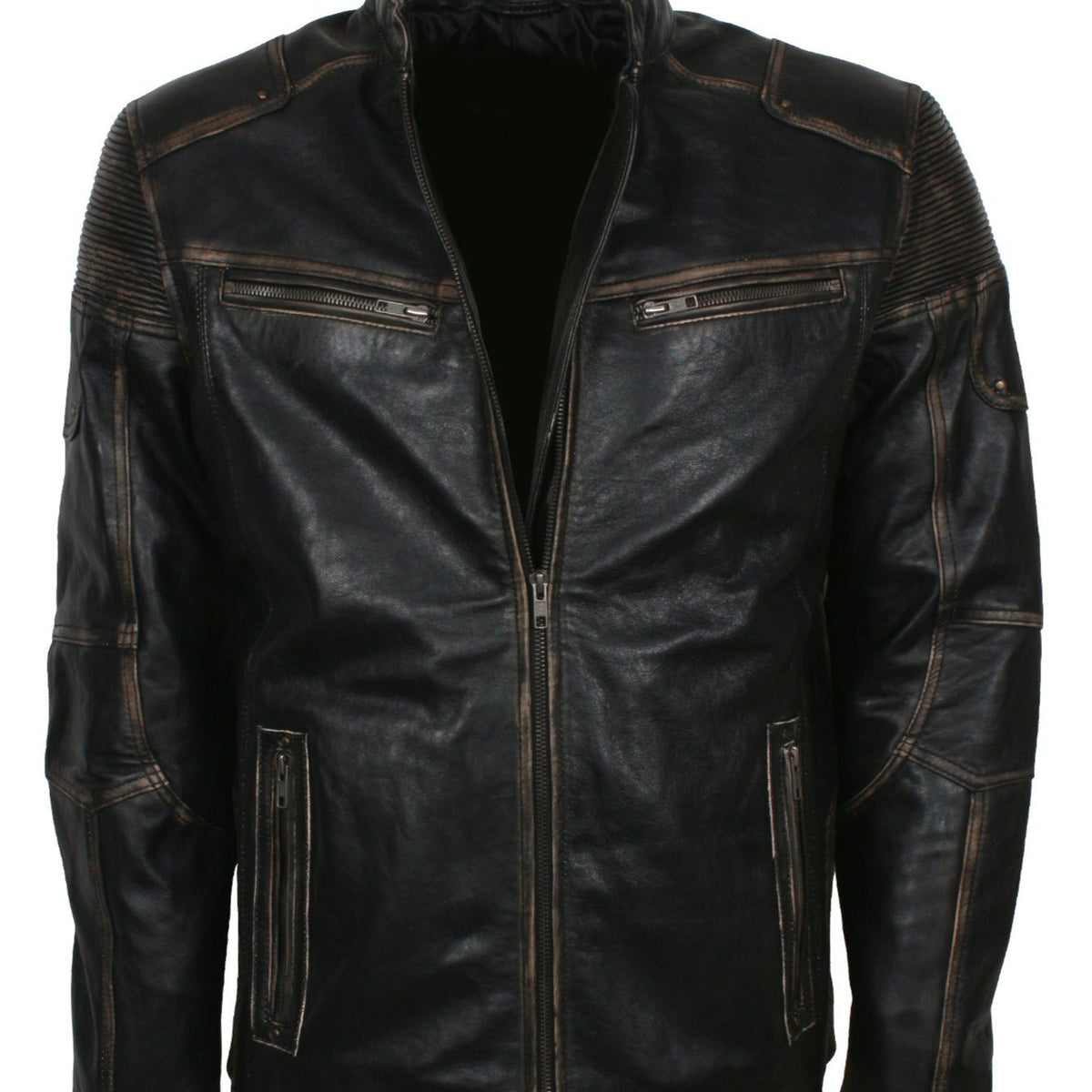 Distressed Leather Biker Jacket for Men in Black