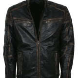 Distressed Leather Biker Jacket for Men in Black