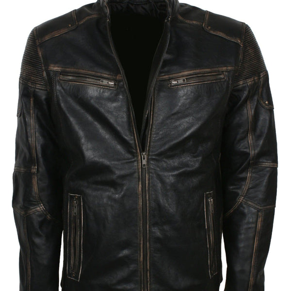 Distressed Leather Biker Jacket for Men in Black