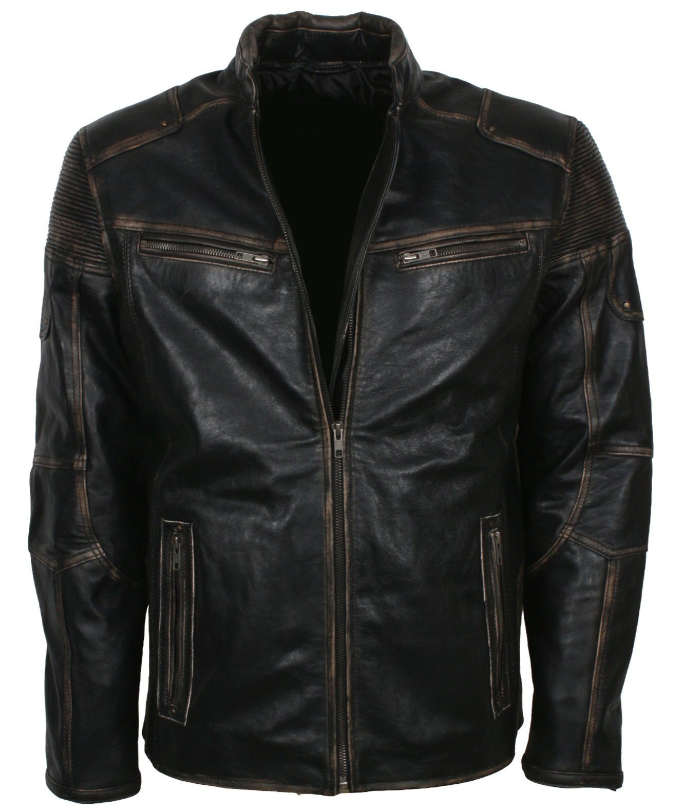 Distressed Leather Biker Jacket for Men in Black
