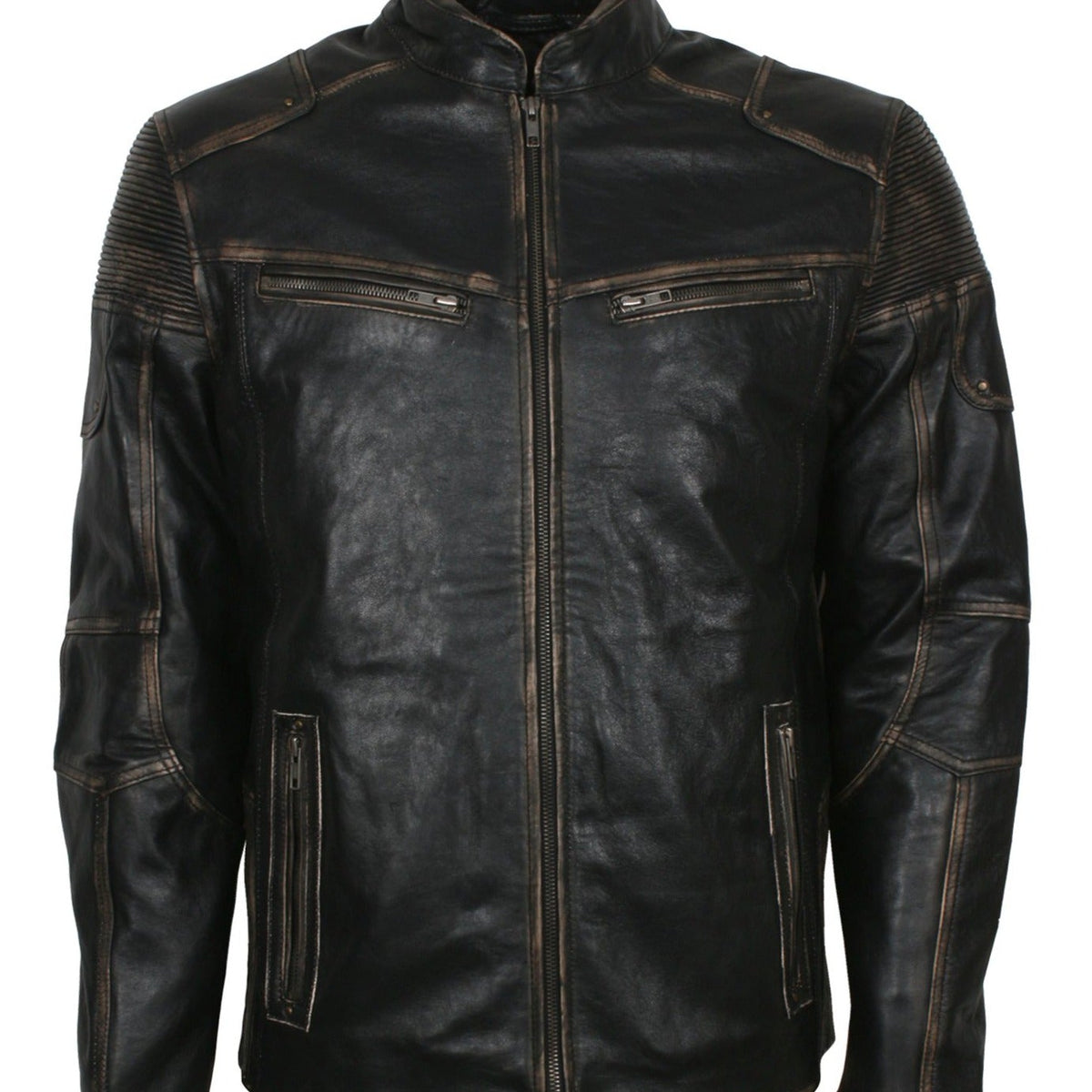 Distressed Leather Biker Jacket for Men in Black