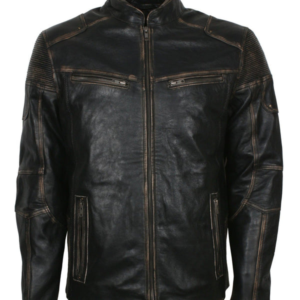 Distressed Leather Biker Jacket for Men in Black