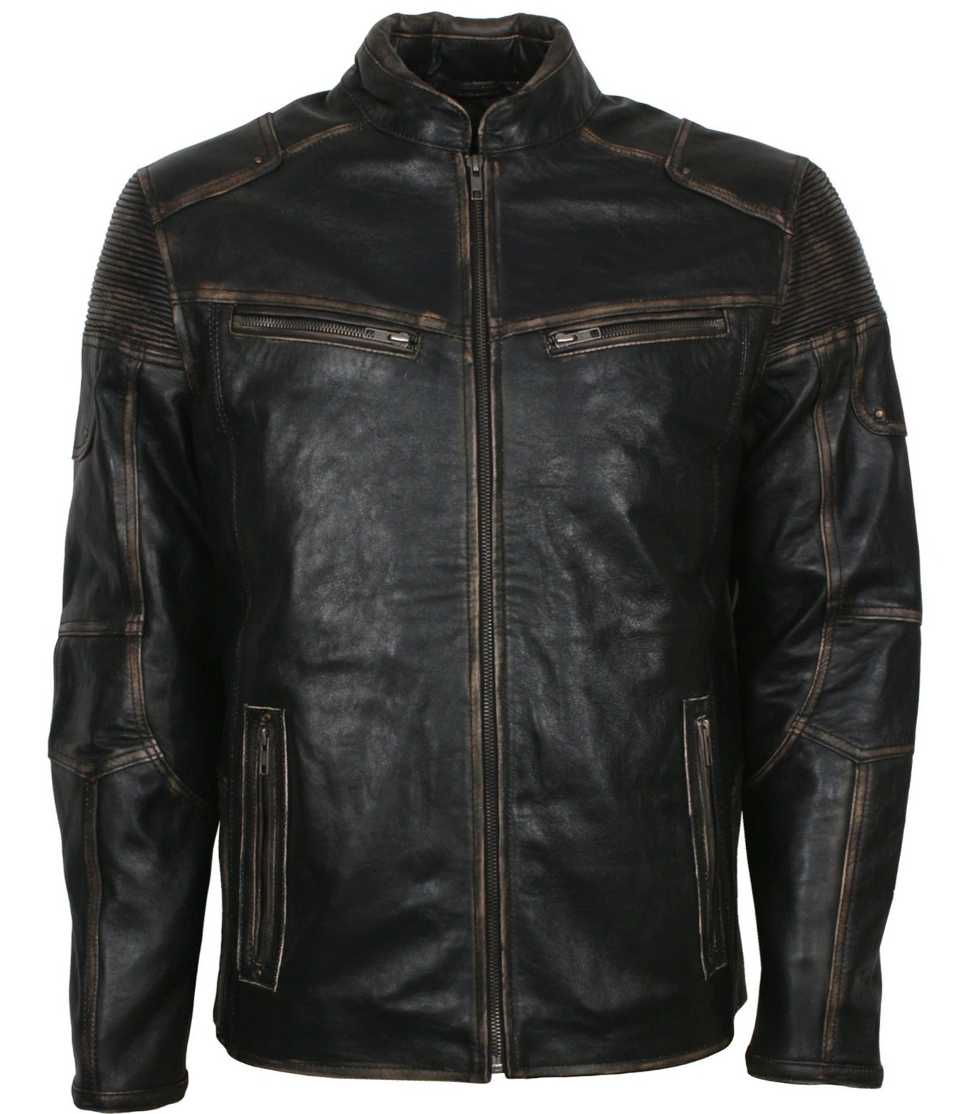 Distressed Leather Biker Jacket for Men in Black