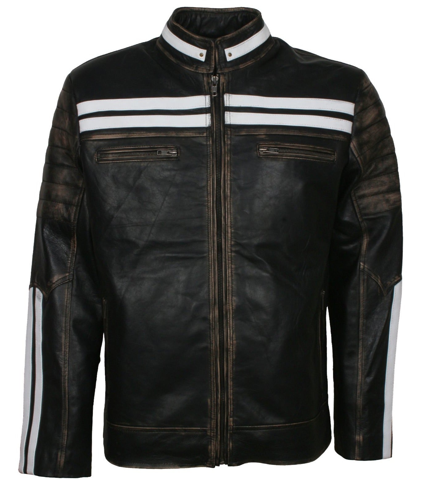 Distressed Black Leather Jacket With White Stripes
