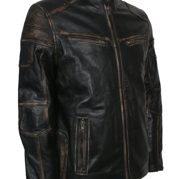 Distressed Leather Biker Jacket for Men in Black