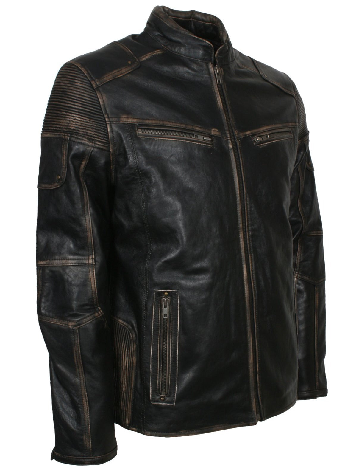 Distressed Leather Biker Jacket for Men in Black