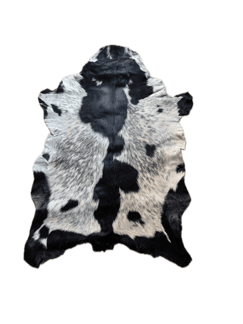 Goatskin Fur Pelt Hide 6-8 ft, showing black and white floor rug pelt