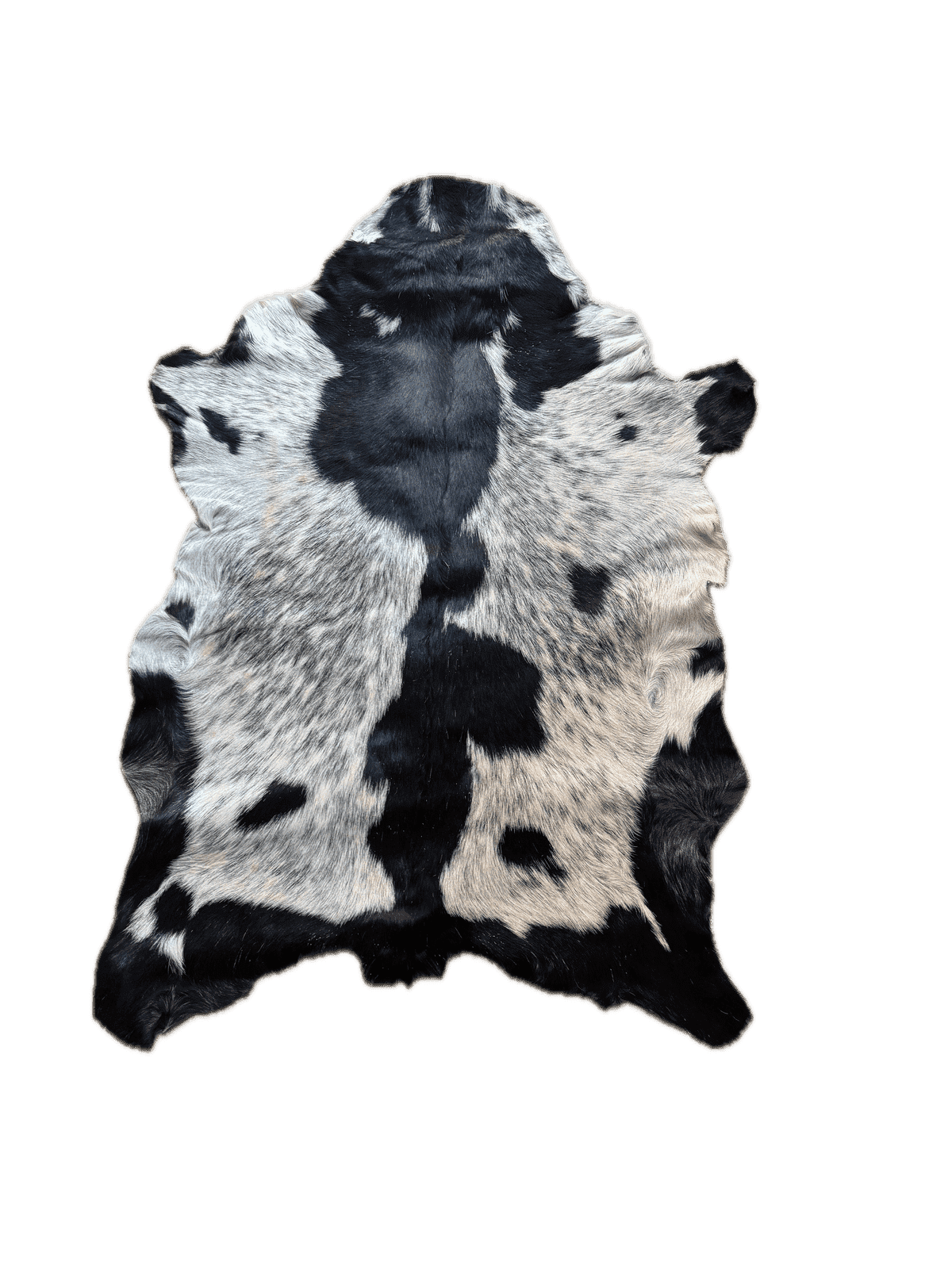 Goatskin Fur Pelt Hide 6-8 ft, showing black and white floor rug pelt