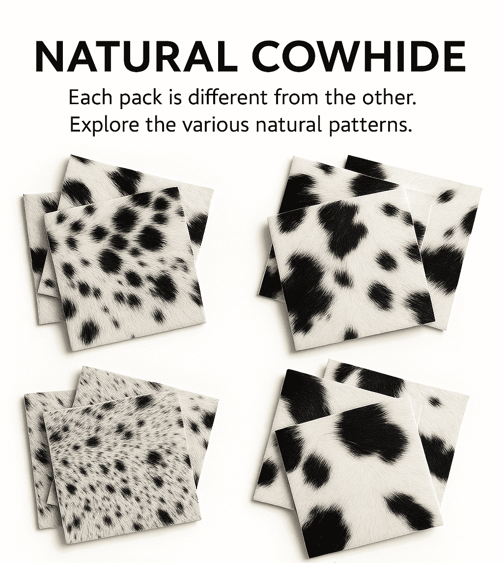 Black & White Hair-On Cowhide Sheets 12x12 (3 Pk), showing natural pattern variety