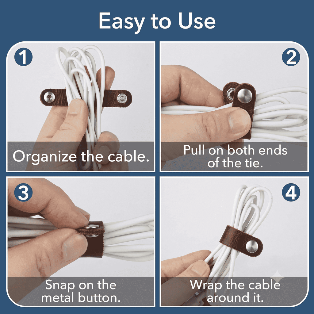 Leather Cable Ties 10-Pack, showing cord wrapping instruction guide