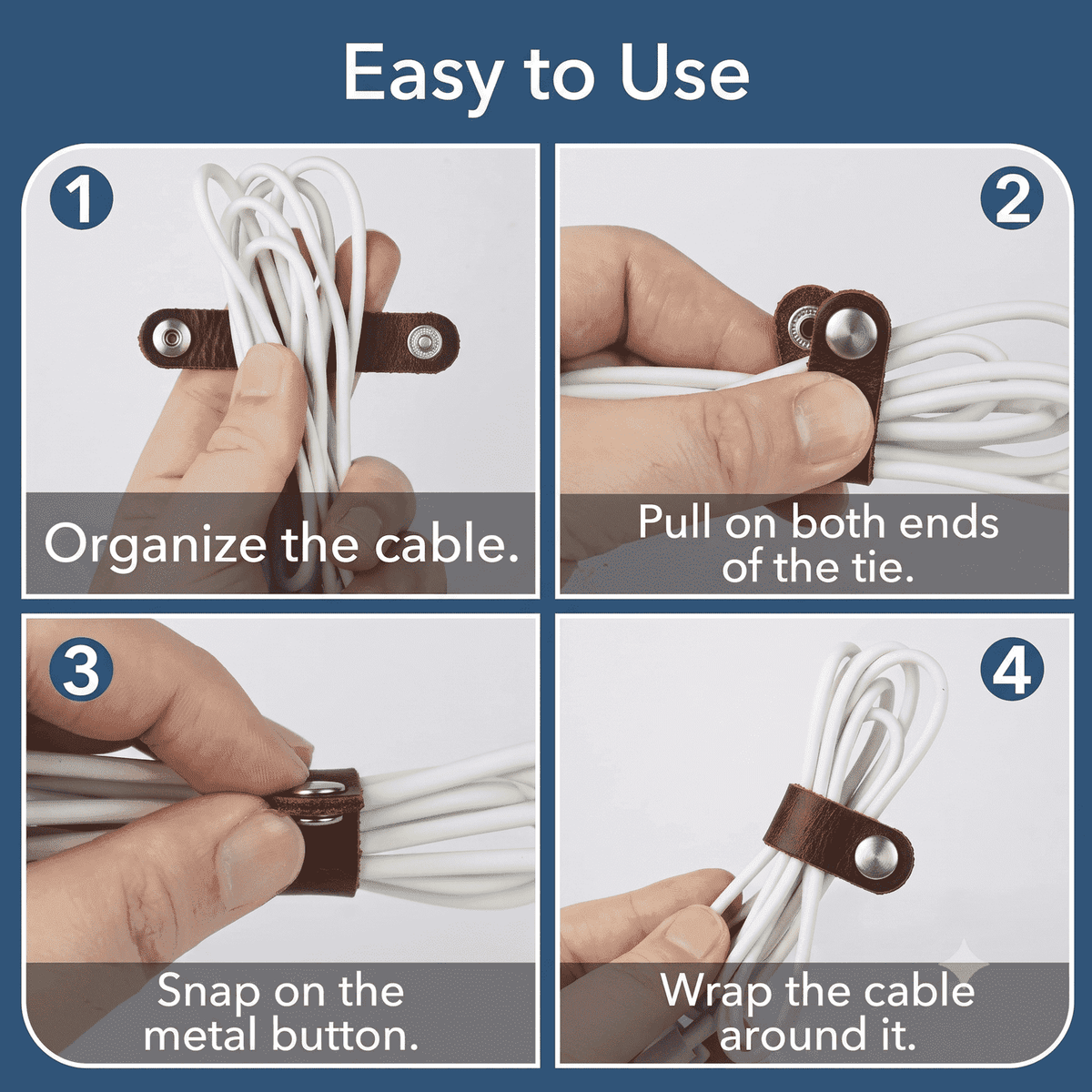 Leather Cable Ties 10-Pack, showing cord wrapping instruction guide