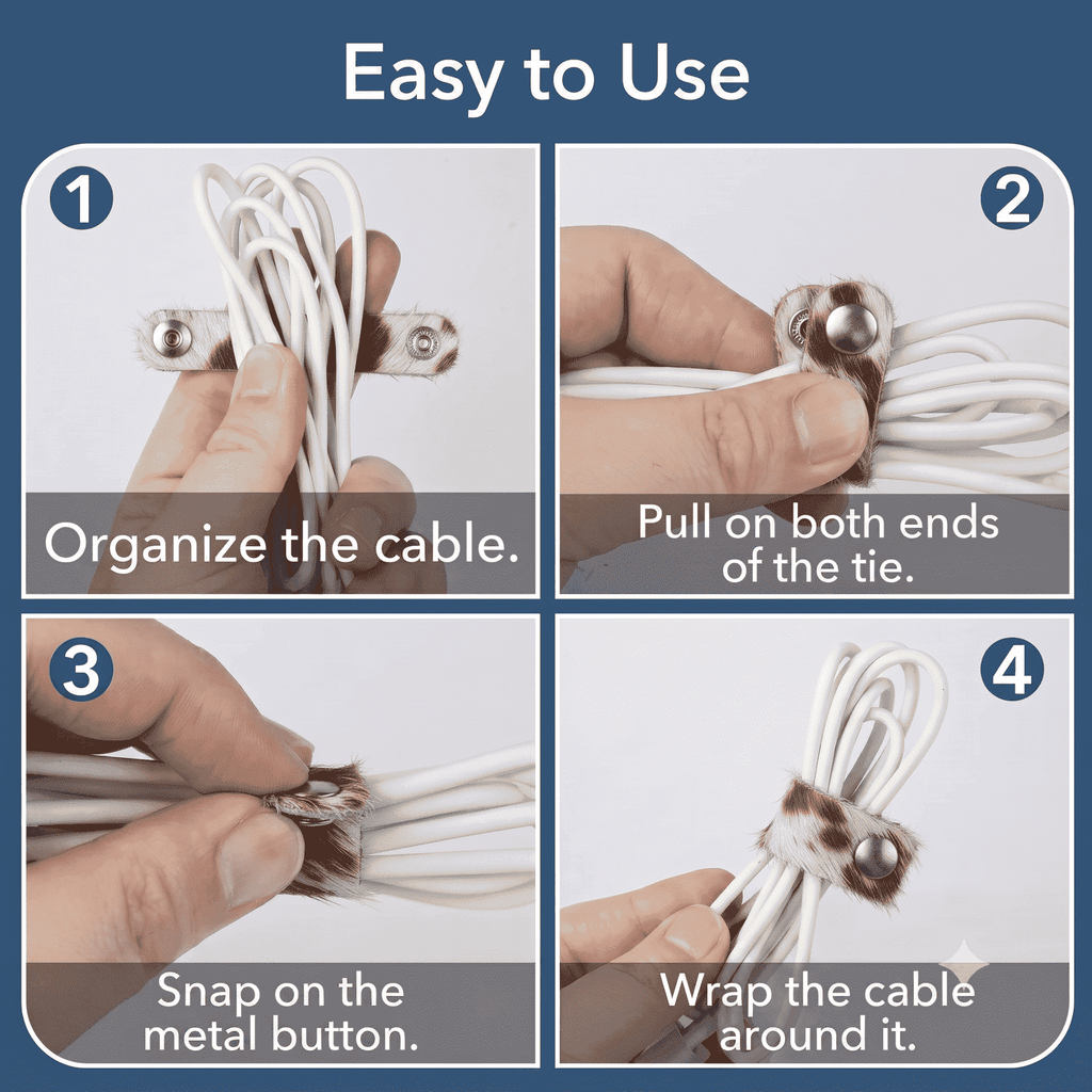 Genuine Cowhide Cord Organizer Pack of 10, showing how to use cord wrap guide