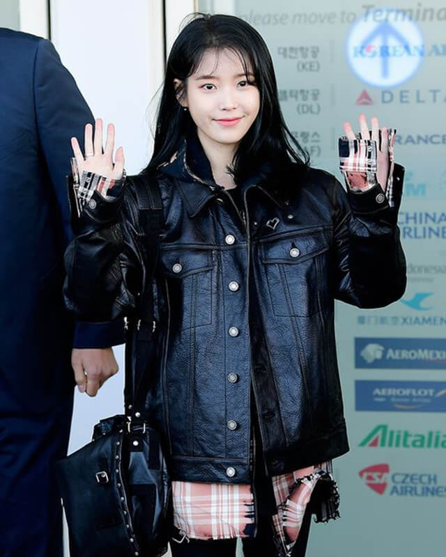 K-pop IU Black Oversized Trucker Leather Jacket