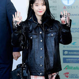 K-pop IU Black Oversized Trucker Leather Jacket