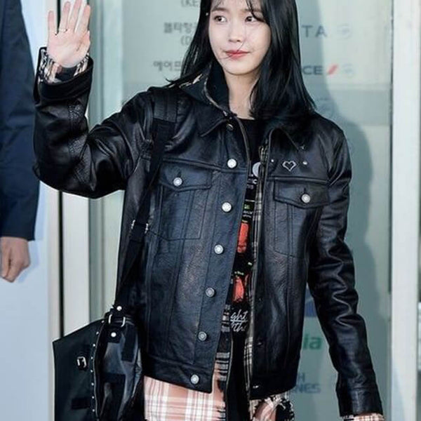 K-pop IU Black Oversized Trucker Leather Jacket