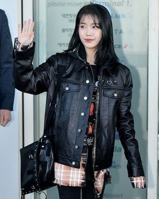 K-pop IU Black Oversized Trucker Leather Jacket