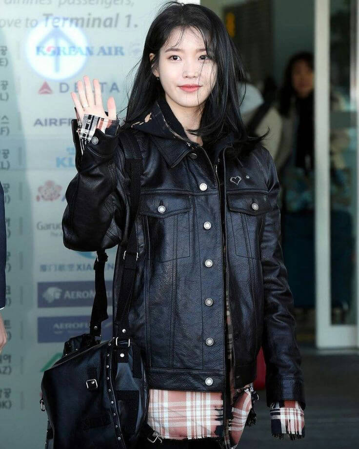 K-pop IU Black Oversized Trucker Leather Jacket