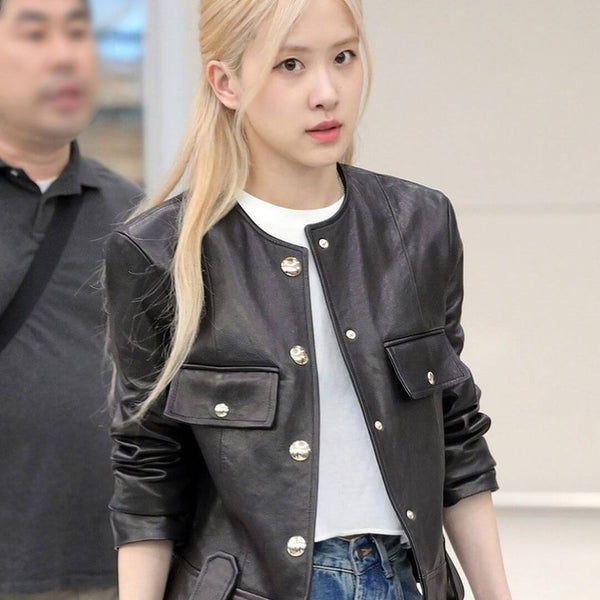 Blackpink Rose Black Collarless Leather Jacket