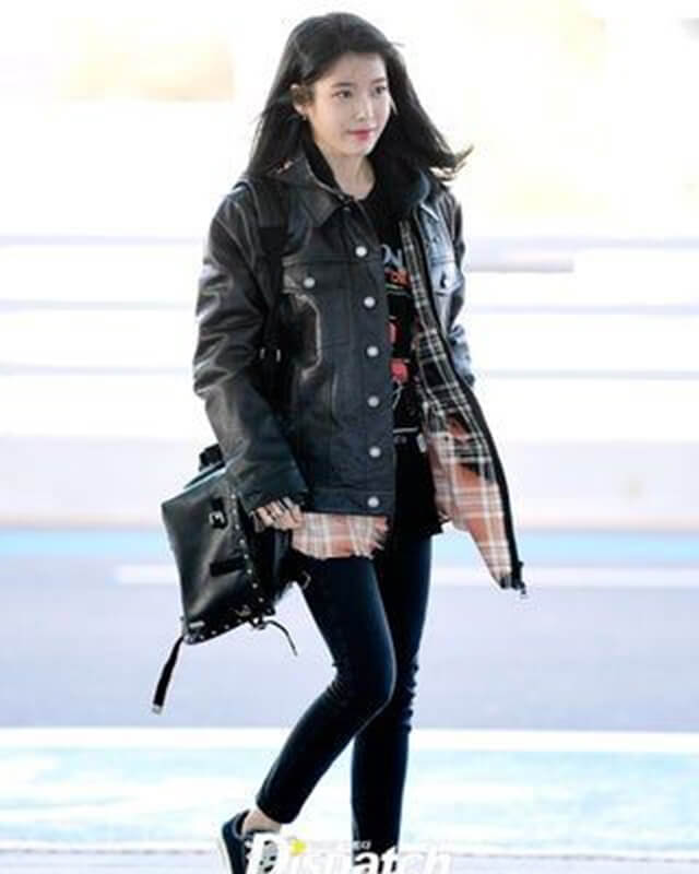 K-pop IU Black Oversized Trucker Leather Jacket