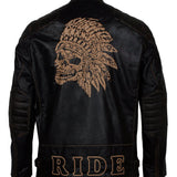 Men's Black Red Indian Skull Real Leather Biker Jacket