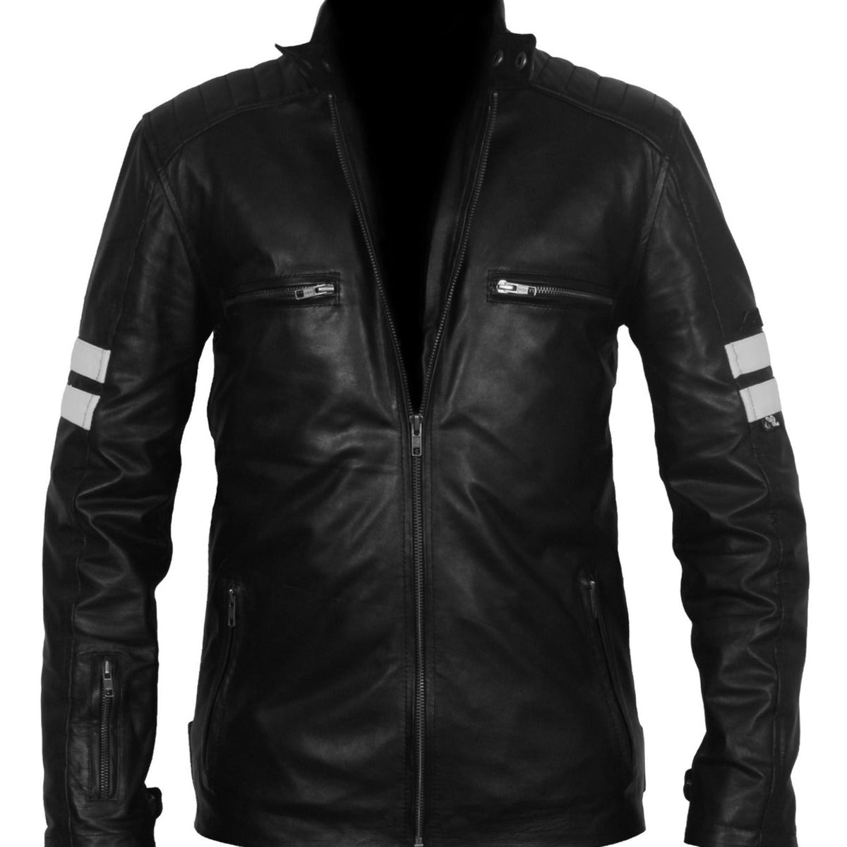 Men's Black Leather Jacket with White Stripes