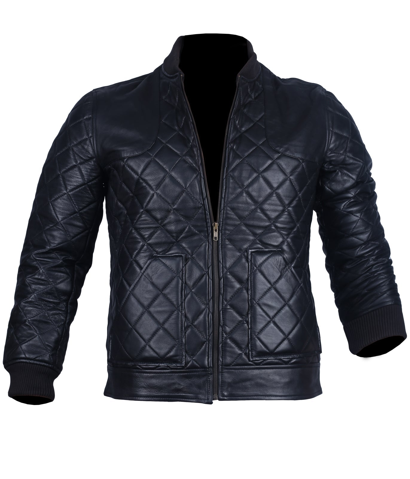 Men's Leather Bomber Jacket Black Diamond Quilted