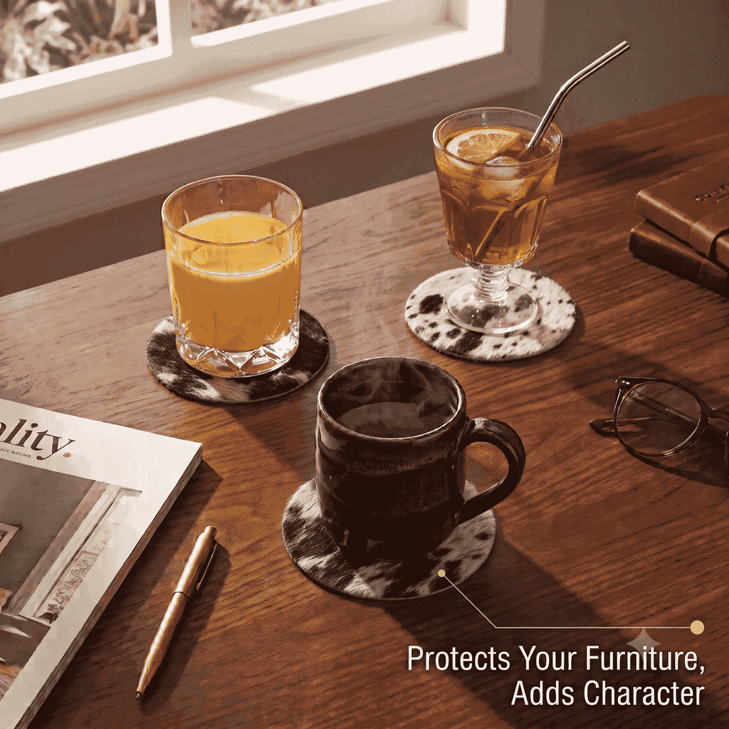 Hair-On Cowhide Round Coasters 4 Inch Set of 12, showing use cases on wooden desk with mugs