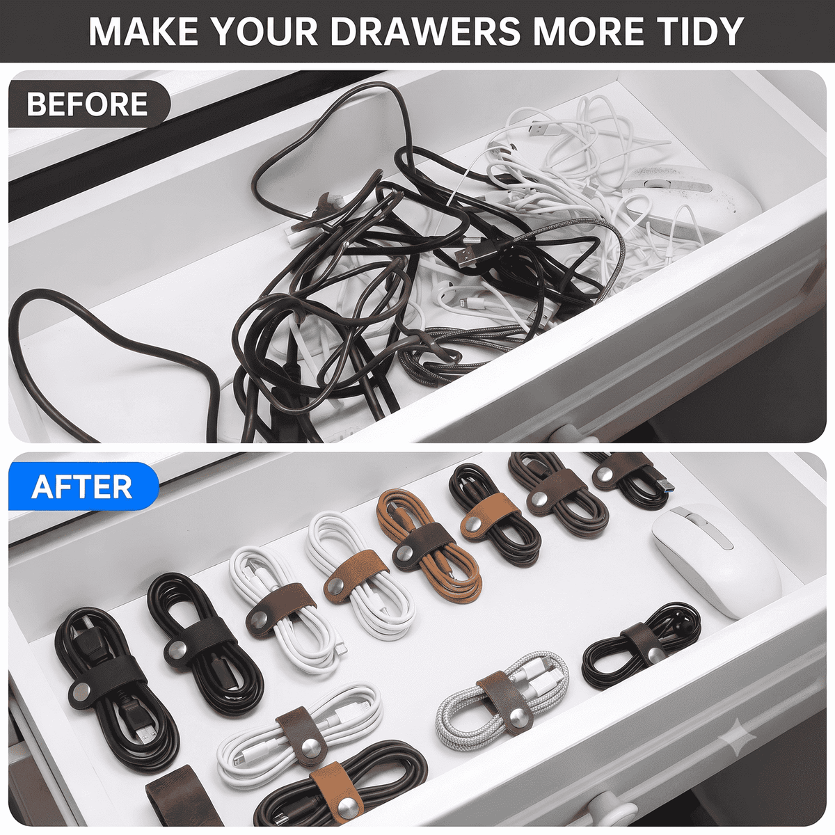 Leather Cable Ties 10-Pack, showing drawer organization before and after