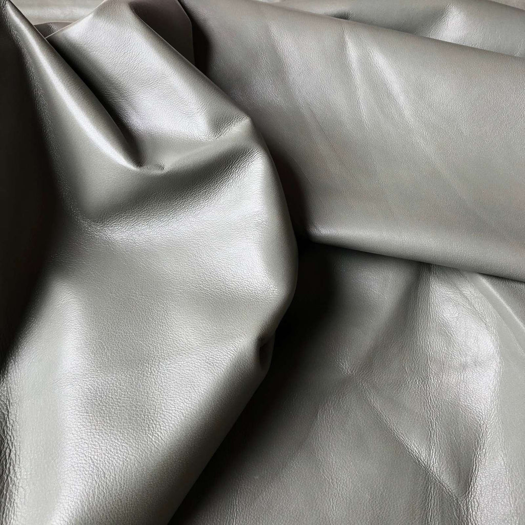 Light Grey Nappa Sheepskin Leather Hide, showing smooth grain pores close-up