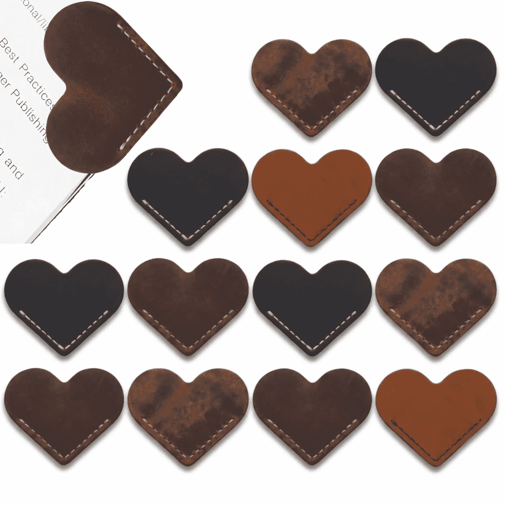 Genuine Leather Heart Bookmarks 12-Pack, showing 12-pack assorted color set