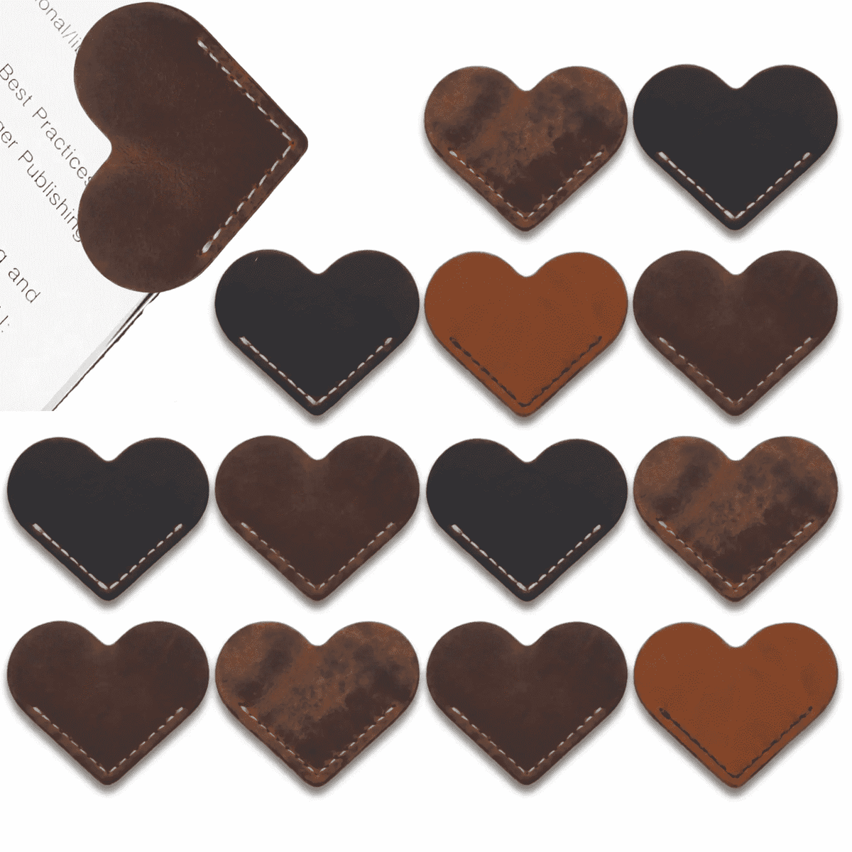 Genuine Leather Heart Bookmarks 12-Pack, showing 12-pack assorted color set