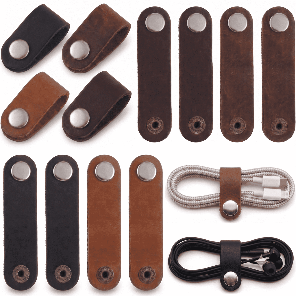 Leather Cable Ties 10-Pack, showing use cases with USB cables