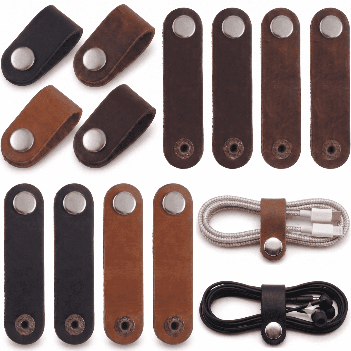Leather Cable Ties 10-Pack, showing use cases with USB cables