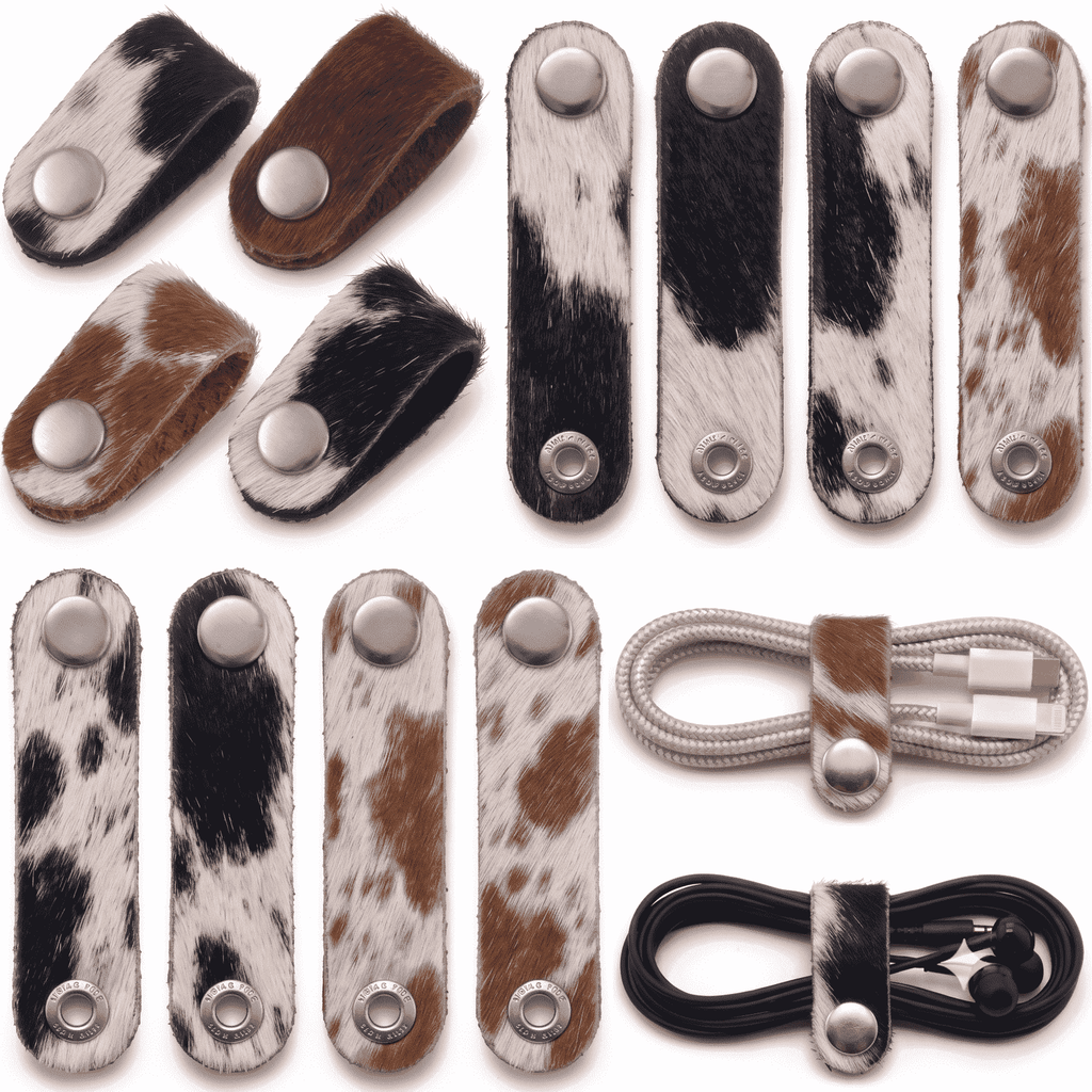 Genuine Cowhide Cord Organizer Pack of 10, showing use cases with cables and earphones