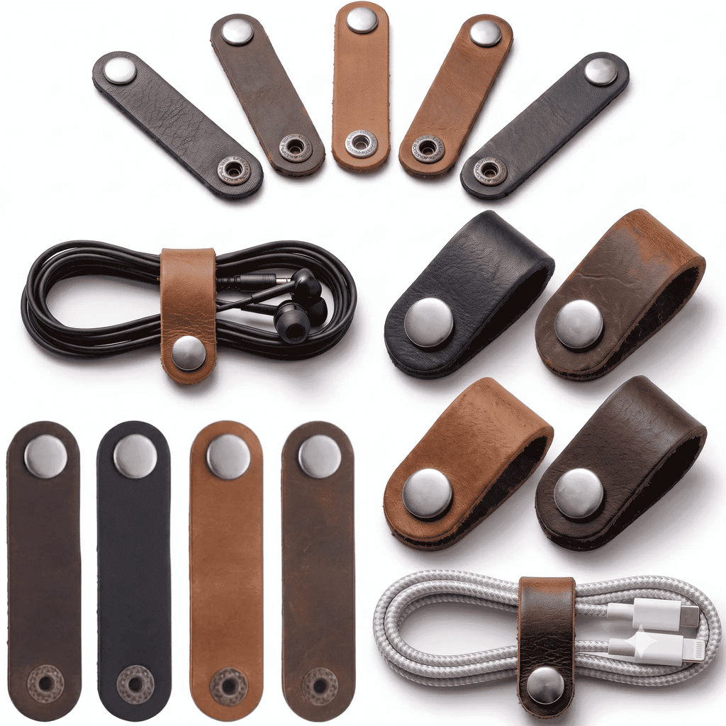 Leather Cable Ties 10-Pack, showing 10-pack in black, brown, and tan