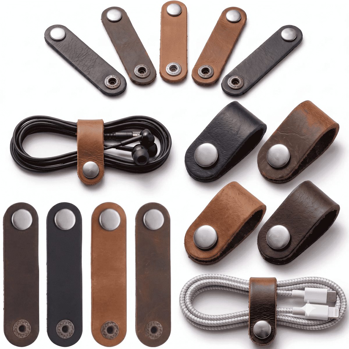 Leather Cable Ties 10-Pack, showing 10-pack in black, brown, and tan