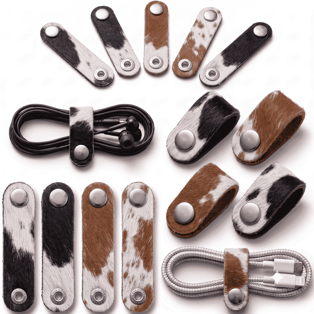 Genuine Cowhide Cord Organizer Pack of 10, showing assorted natural patterns