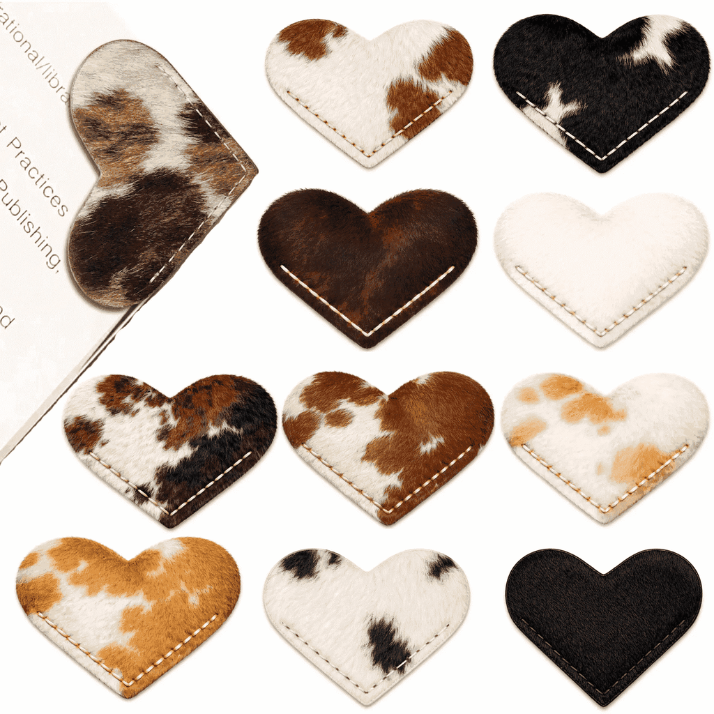 Cowhide Leather Heart Bookmarks 12-Pack, showing 12-pack assorted natural patterns