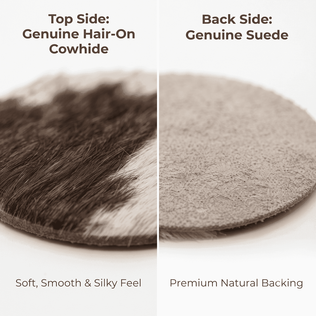 Hair-On Cowhide Round Coasters 4 Inch Set of 12, showing hair-on face and suede backing