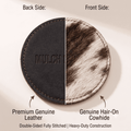 Cowhide Drink Coasters with Holder Set of 6, showing dual-sided design with hair and leather