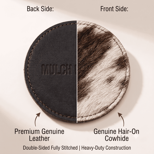 Cowhide Drink Coasters with Holder Set of 6, showing dual-sided design with hair and leather