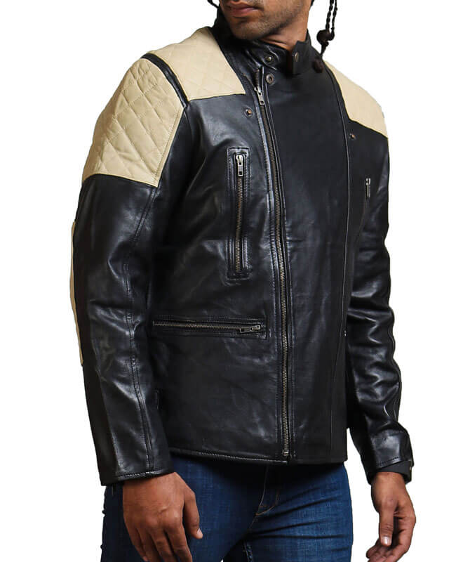 Men's White Quilted Black Leather Jacket